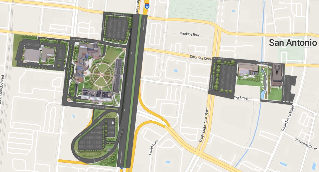 Map showing the location of the Downtown Campus and San Pedro I and II
