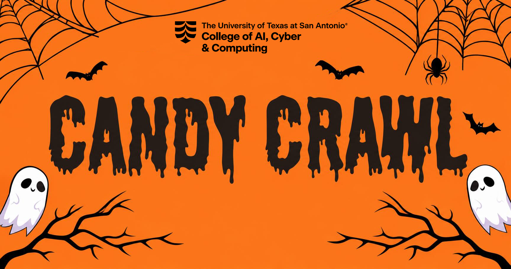 Candy Crawl graphic with ghosts and cobwebs and it has the College of AI, Cyber and Computing logo.