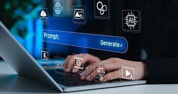 Person using laptop with prompt, AI, media, chatbot, and automation icons representing content creation, smart generation, and digital
